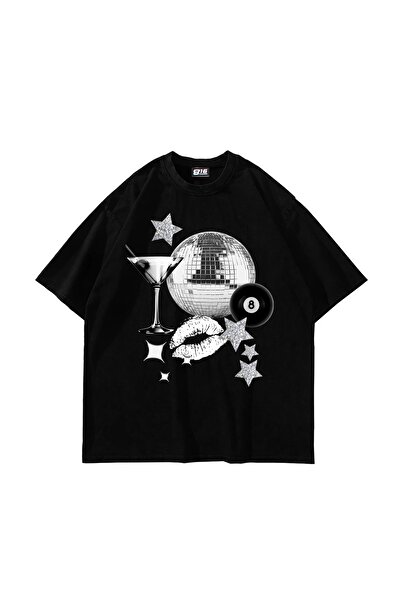 Bak Moda Tricou negru unisex oversized cu imprimeu Martini Disco