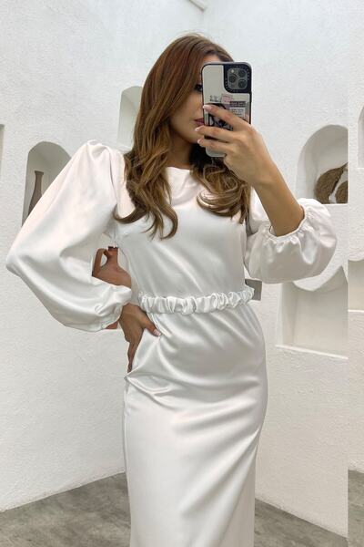 thezkscom Γυναικείο φόρεμα με λευκή ζώνη με μπαλόνι μανίκια μίντι σατέν μεγάλου μεγέθους