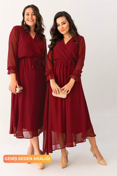 thezkscom Women's Burgundy Long Double Breasted Collar Chiffon Dress