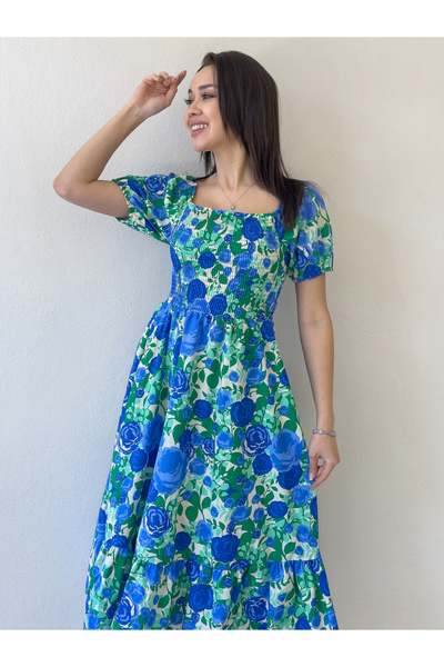 thezkscom Γυναικείο φόρεμα με λουλουδάτο σχέδιο με μπούστο μεσαίου μήκους καλοκαιρινό φόρεμα μπλε, πορτοκαλί