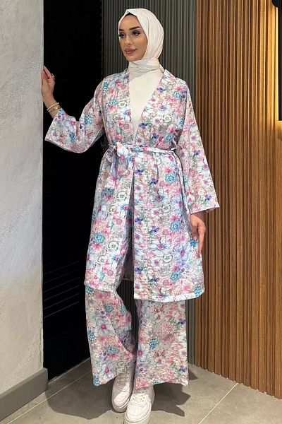 julude Blue Floral Patterned Kimono Trousers Hijab Double Set