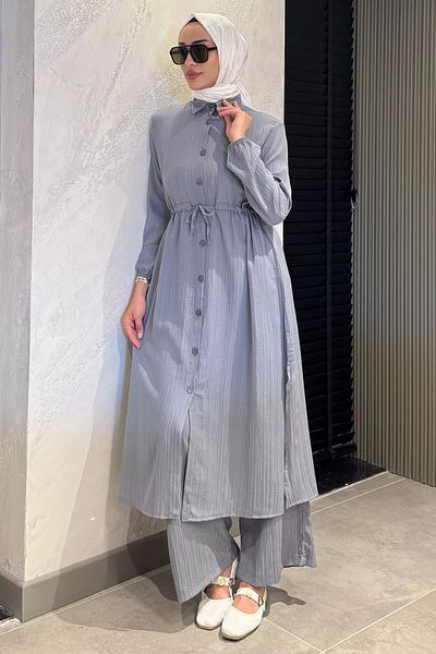 julude Gray Self Patterned Waist Tie Detailed Hijab Tunic Pants Double Set