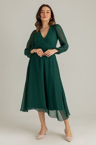 thezkscom Green Balloon Sleeve Double Breasted Midi Chiffon Dress
