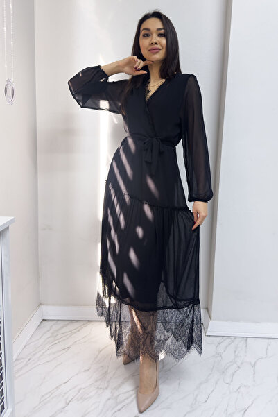 thezkscom Women's Black Guipure Detail Double Breasted Chiffon Midi Length Plus Size Belted Dress