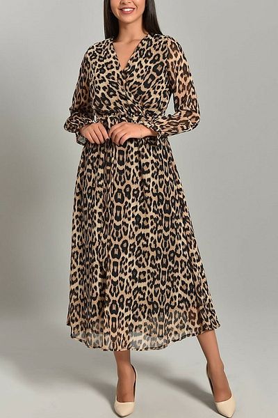 thezkscom Leopard Pattern Double-breasted Plus Size Chiffon Dress