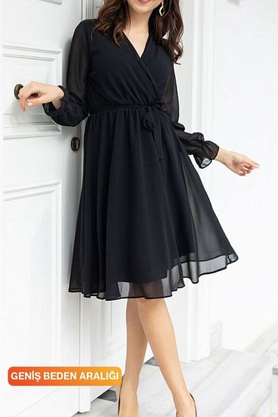 thezkscom Black Double-breasted Collar Short Lined Plus Size Chiffon Dress