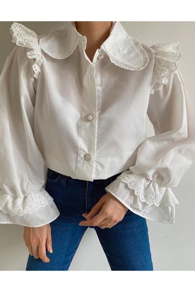 MELEK KOSTAK Women's Design Baby Collar Scalloped Embroidered Shoulder Sleeve Ruffled Button Brode Poplin Hijab Shirt