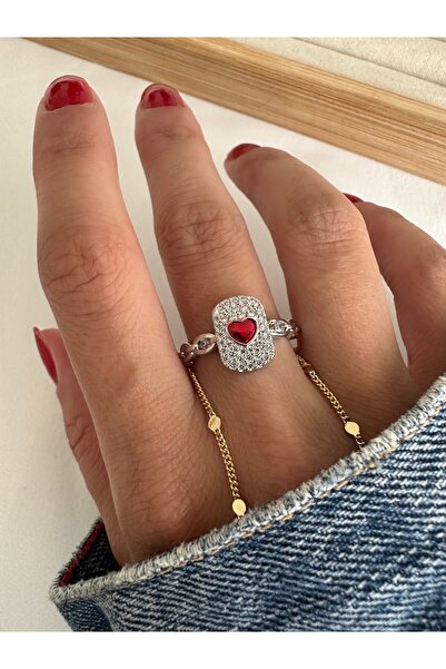 ringbox Silver Colored Red Heart Plate Ring