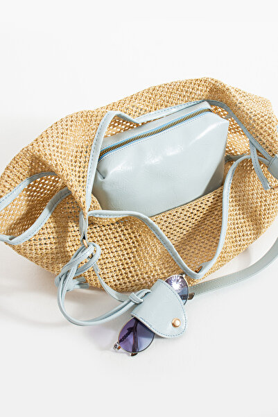 Night Melina Model Плетена сумка для жінок з окулярами, блакитного кольору, з ручкою та ременем через плече