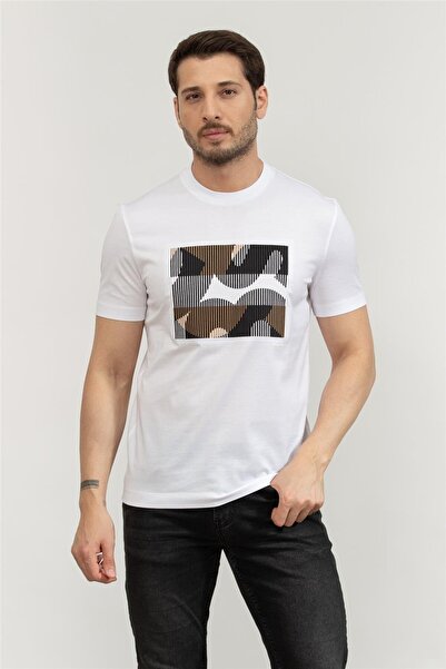 BOSS Erkek Regular Fit Yuvarlak Yaka Pamuklu Baskılı Kısa Kollu Beyaz T-Shirt...