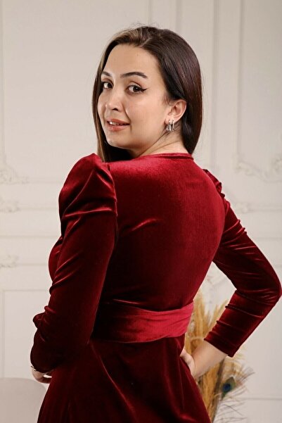 thezkscom Burgundy Watermelon Sleeve Padded Imported Large Size Belted Velvet