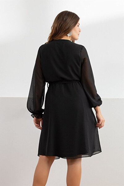 thezkscom Black Double-breasted Collar Plus Size Lined Chiffon Dress