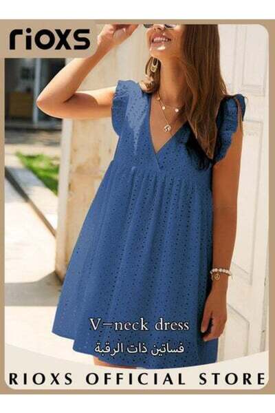 RIOXS Women Mini Dress, V-Neck Sleeveless Dress with Back Zipper, Lace Up Smocking Ruffle Short Slip Dress