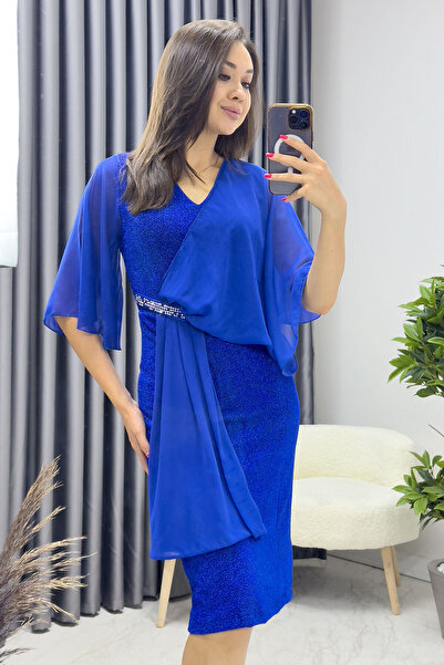 thezkscom Women's Stone Detailed Flywheel Sleeve Silvery Evening Dress Saks, Gray, Green, Burgundy, Black