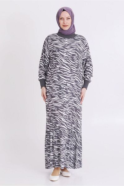 Moda Rosa 25Y7519 - Smoked - Plus Size Hijab Patterned Dress
