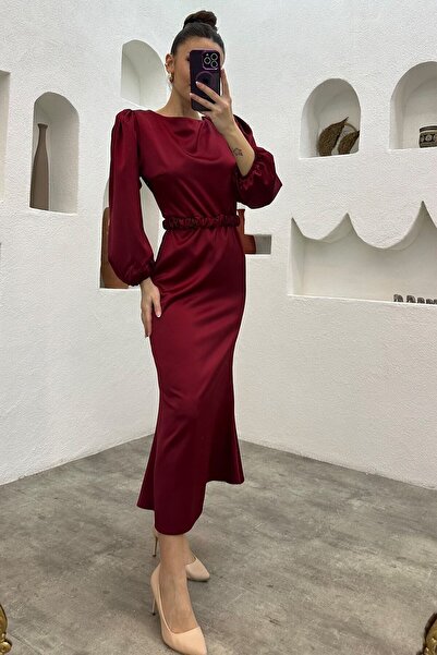 thezkscom Γυναικείο φόρεμα με μπορντό χρώμα με λουράκι με μπαλόνι μανίκια μίντι σατέν σε μεγάλο μέγεθος