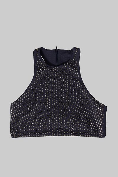 its basic Women's Navy Blue Color Halter Neckline Shiny Bonding Stone Design Crop Top