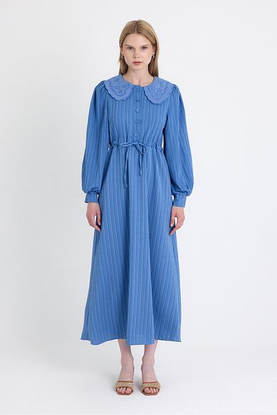 Rays Blue Fisto Detailed Wide Neckline Belted Striped Dress 4330A
