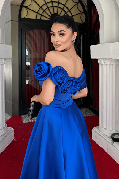 giyimmasalı Rochie Midi din Tesatura Satin cu Detaliu Trandafir - SAKS BLUE