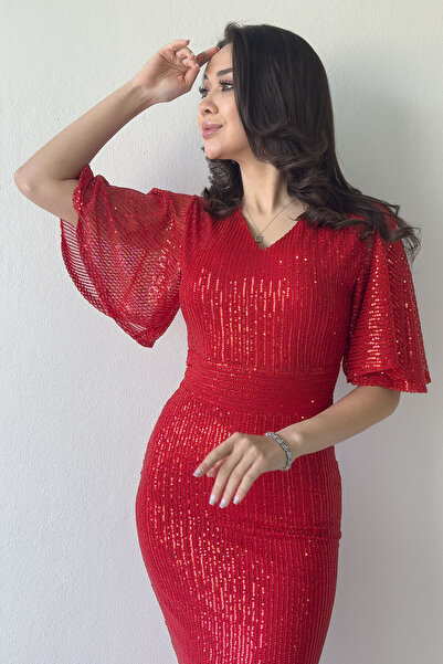 thezkscom Women Flywheel Sleeve Sequin Sequin Fish Plus Size Evening Dress Black, Red, Beige