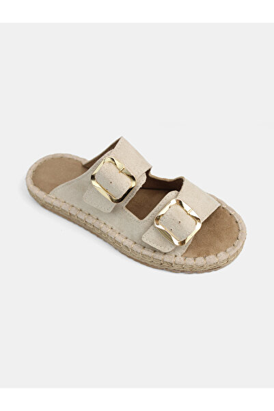 MAGGIO Beige Straw Sole Gold Color Buckle Summer Women's Slippers