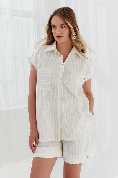 Naar Women's Regular Fit Vertical Striped Pocket Detailed Short Sleeve Ecru Shirt Naar12357-Original