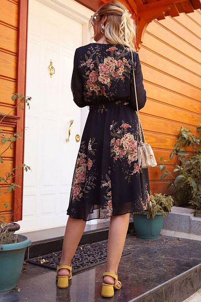 thezkscom Black Double-breasted Collar Short Lined Flower Pattern Large Size Chiffon Dress