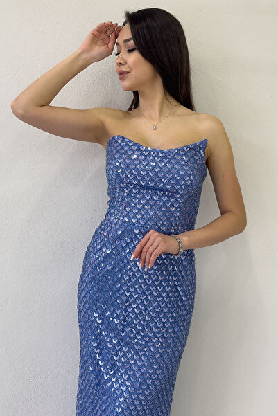 thezkscom Γυναικείο βραδινό φόρεμα με στράπλες κεντημένο μίντι μήκους Indigo, Navy Blue