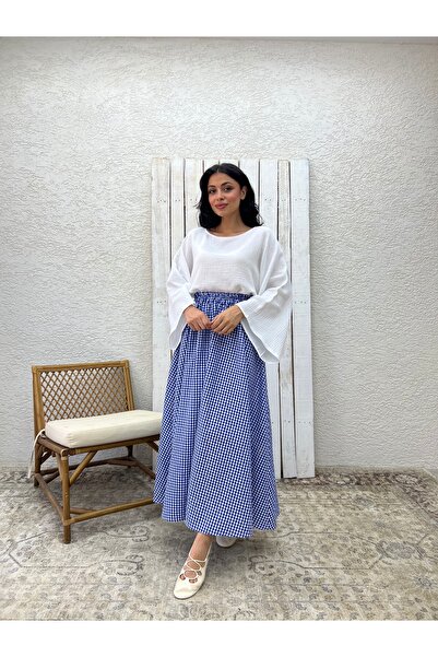 KÜÇÜĞÜM BUTİK Mavi Pötikare Kloş Poplin Etek