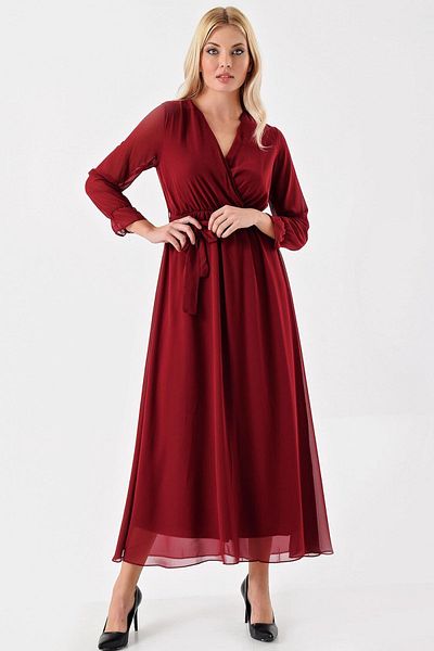 thezkscom Burgundy Long Double Breasted Collar Wrap Chiffon Dress