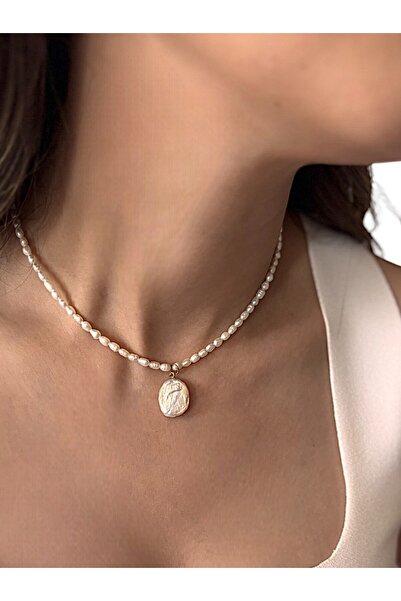 By Saadet Özkanlı Oval barok inci detaylı AA sınıfı gerçek 3 mm arpa inci kolye, tatlısu pirinç incisi