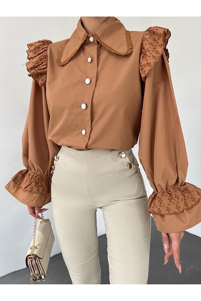 MELEK KOSTAK Women's Design Baby Collar Scalloped Embroidered Shoulder Sleeve Ruffled Button Brode Poplin Hijab Shirt