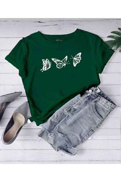 khufu Butterflies Printed Nefti Green Oversize Cotton Tshirt Unisex