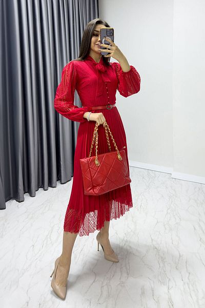 thezkscom Red Halter Neck French Guipure Pleated Evening Dress