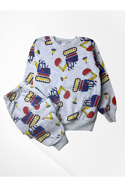 Pajama Shop Boys' Cotton Hooded Gray Color Red Scoop Patterned Long Sleeve Winter Pajama Set