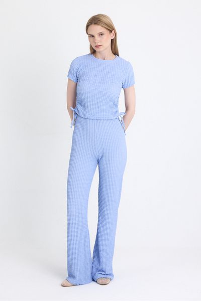 Rays Blue Wrinkle Textured Drawstring Crop and Wide Leg Pants Set 3001