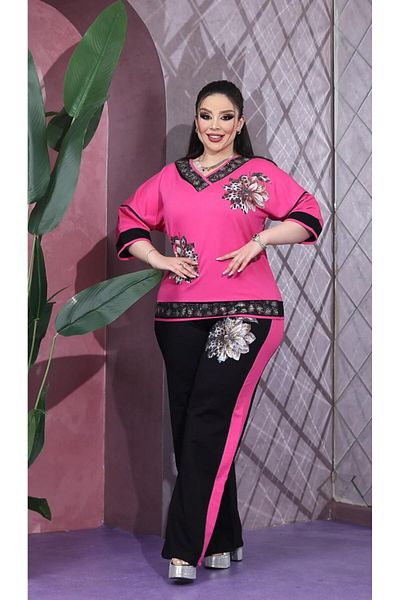 Kokostrendi Floral Crystal Stone Tracksuit Set - Fuchia