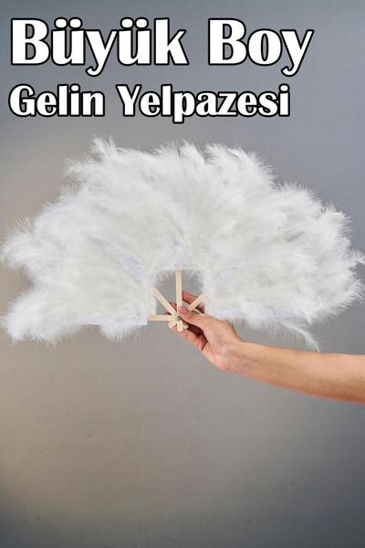 Dantelux Büyük Boy Tüylü Kına Gecesi Gelin Yelpazesi (55x25 cm) - Beyaz