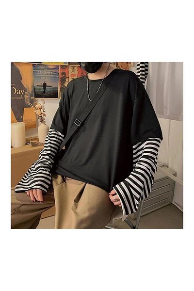 Karakedi Oversize Plain Black Striped Long Sleeve T-Shirt