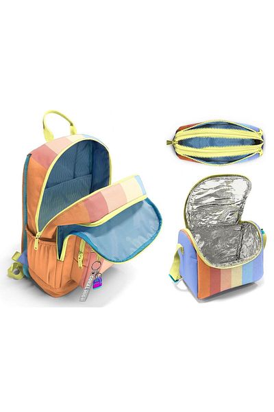 Coral High Primary and Secondary School School Bag Trio - Girl, Orange Yellow Blue Colored Stripes