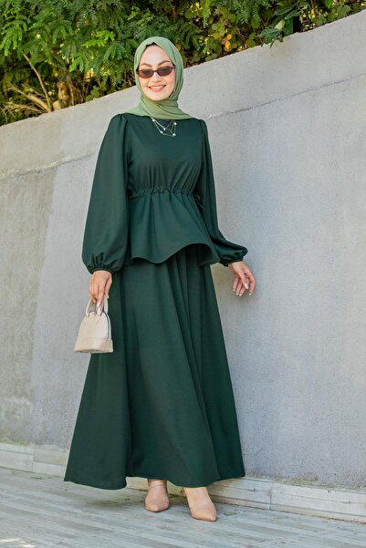 Tesettür Çarşım Cenny Eteği Katlı Scuba Krep Elbise-Zümrüt
