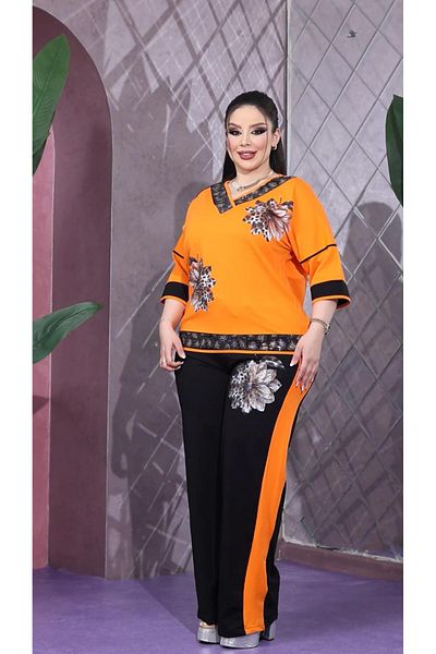 Kokostrendi Floral Crystal Stone Tracksuit Set - Orange