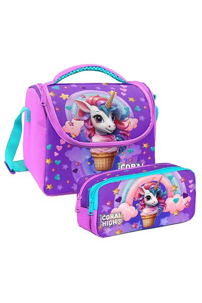 Coral High Girl's Purple Pink Ice Cream Unicorn Thermo Lunch Box and Two-Compartment Pen Holder Set