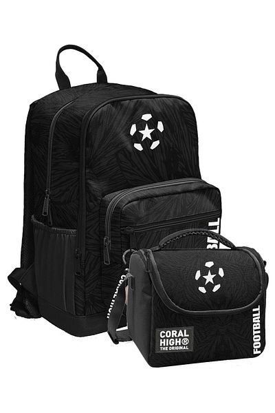 Coral High Primary and Secondary School Backpack and Nutrition Set - Black and White Futbo for Boys