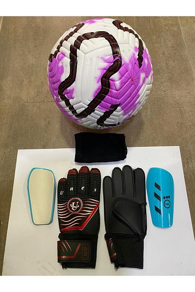 unes 5 No Purple Soccer Ball Goalkeeper Gloves and Shin Pads Set with Pump Gift