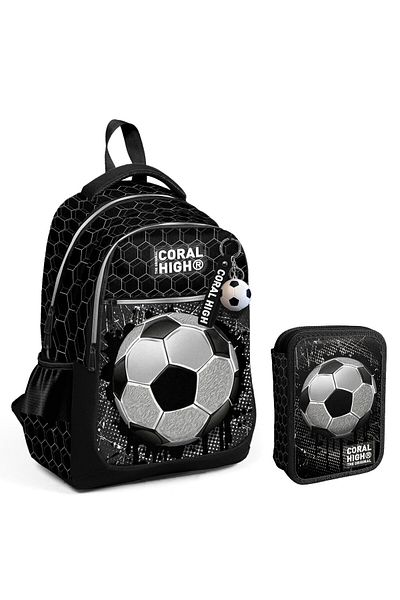 Coral High Set de geanți și organizator pentru creion pentru băieți cu imprimeu de fotbal alb negru 23653+1115