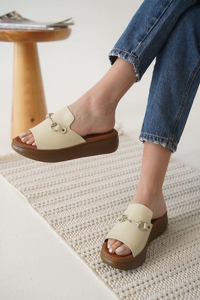 MarjinalTrendim Nelly Beige Genuine Leather Slippers