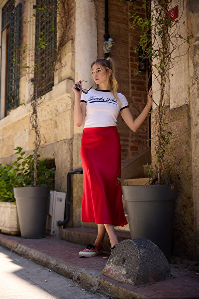 Chica Belia Parlak Saten Kırmızı Midi Etek