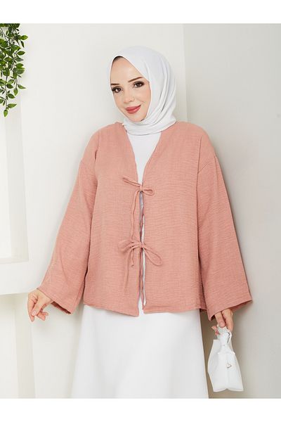 exxitcollection Women's Hijab Linen Tie Front 2 Lace Modern Stylish Skirt Top Powder Pink Kimono Shirt