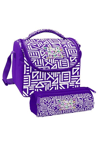 Coral High Geantă termică pentru prânz cu forme geometrice pentru fete, mov, alb, și geantă pentru creion cu trei compartimente